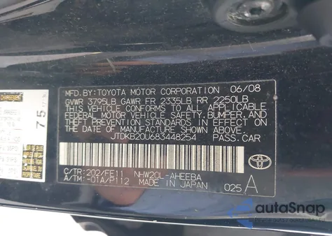 2008 Toyota Prius Standard из США, поврежденный, VIN JTDKB20U683448254